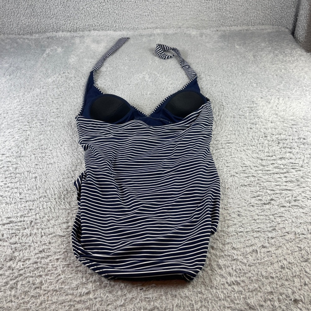 GapBody Navy Blue White Striped Ruched Halter One Piece Swimsuit Large - Picture 8 of 9